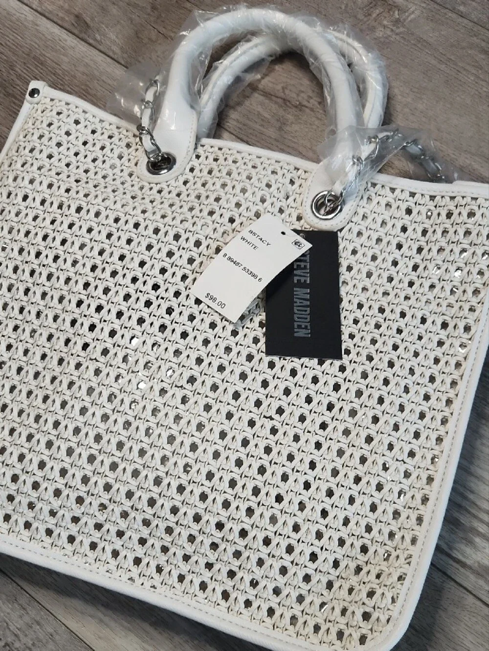 Steve Madden White Woven Tote Plastic Inside BStacy
